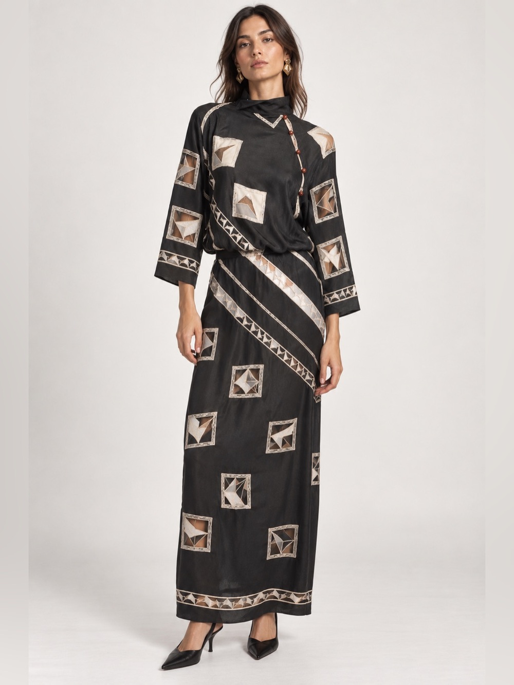 Chloe Authentic Vintage Maxi Dress with Cream Geometric mesh cut out (see size)